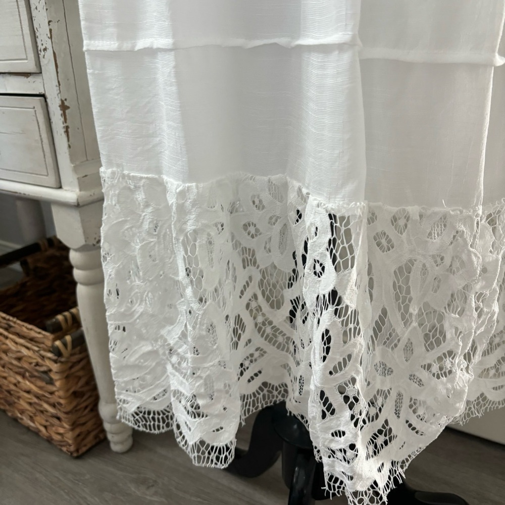 White Maxi Dress Size L Cottagecore Beach Wedding Minimalist Lace Fairycore - Picture 7 of 15
